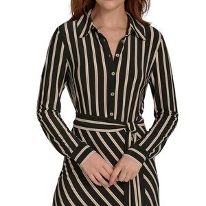 Tommy Hilfiger Black and Cream Striped Long Sleeve Dress